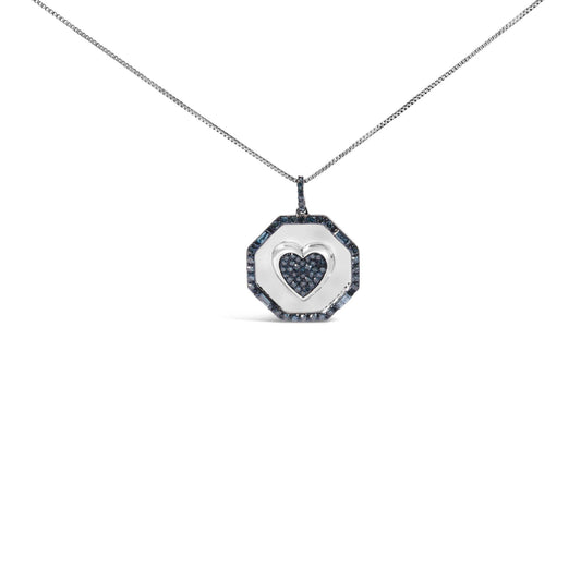 .925 Sterling Silver 5/8 Cttw Blue Diamond Mirror Plate with Heart and Diamond Halo 18" Pendant Necklace (Blue Color, I2-I3 Clarity)-0